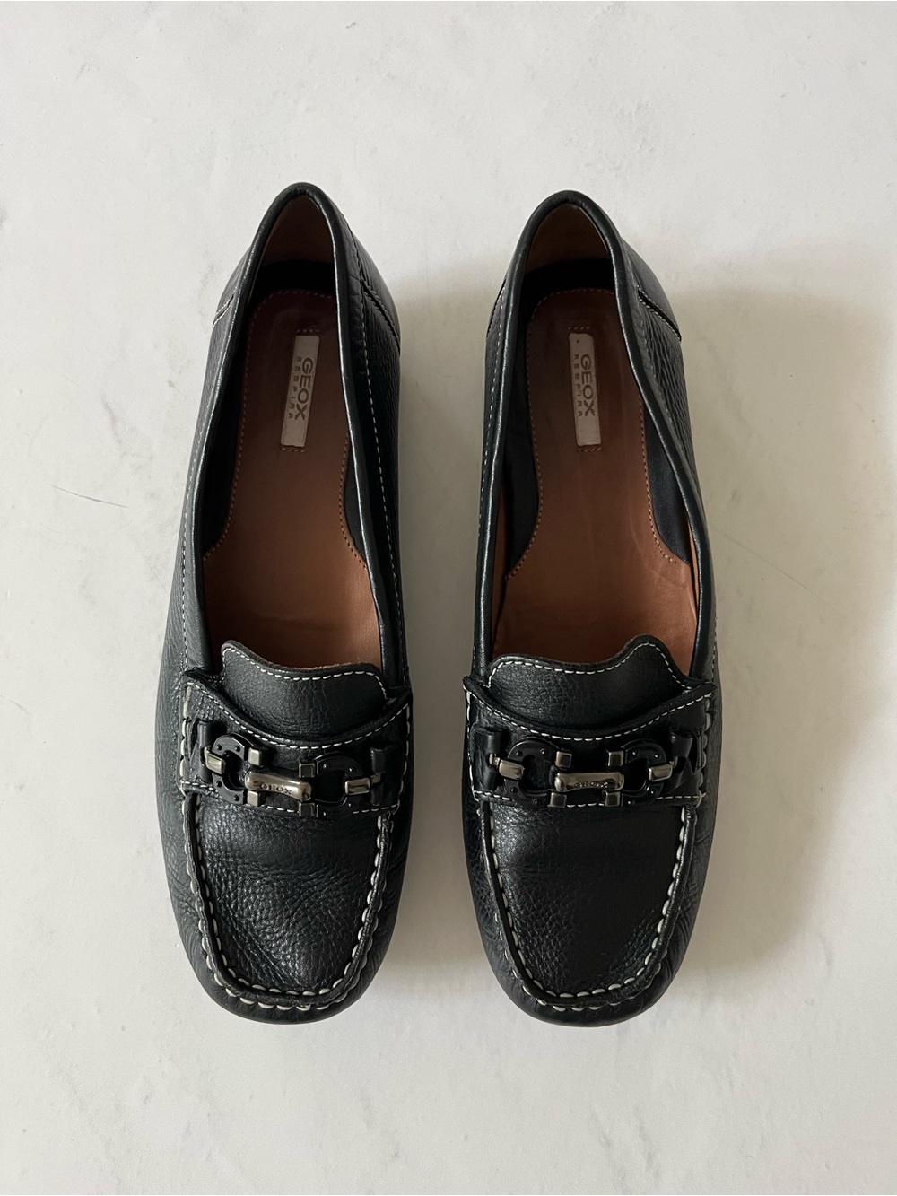 Geox Respira Italian Pebbled Leather Horsebit Loafers Black 38/8